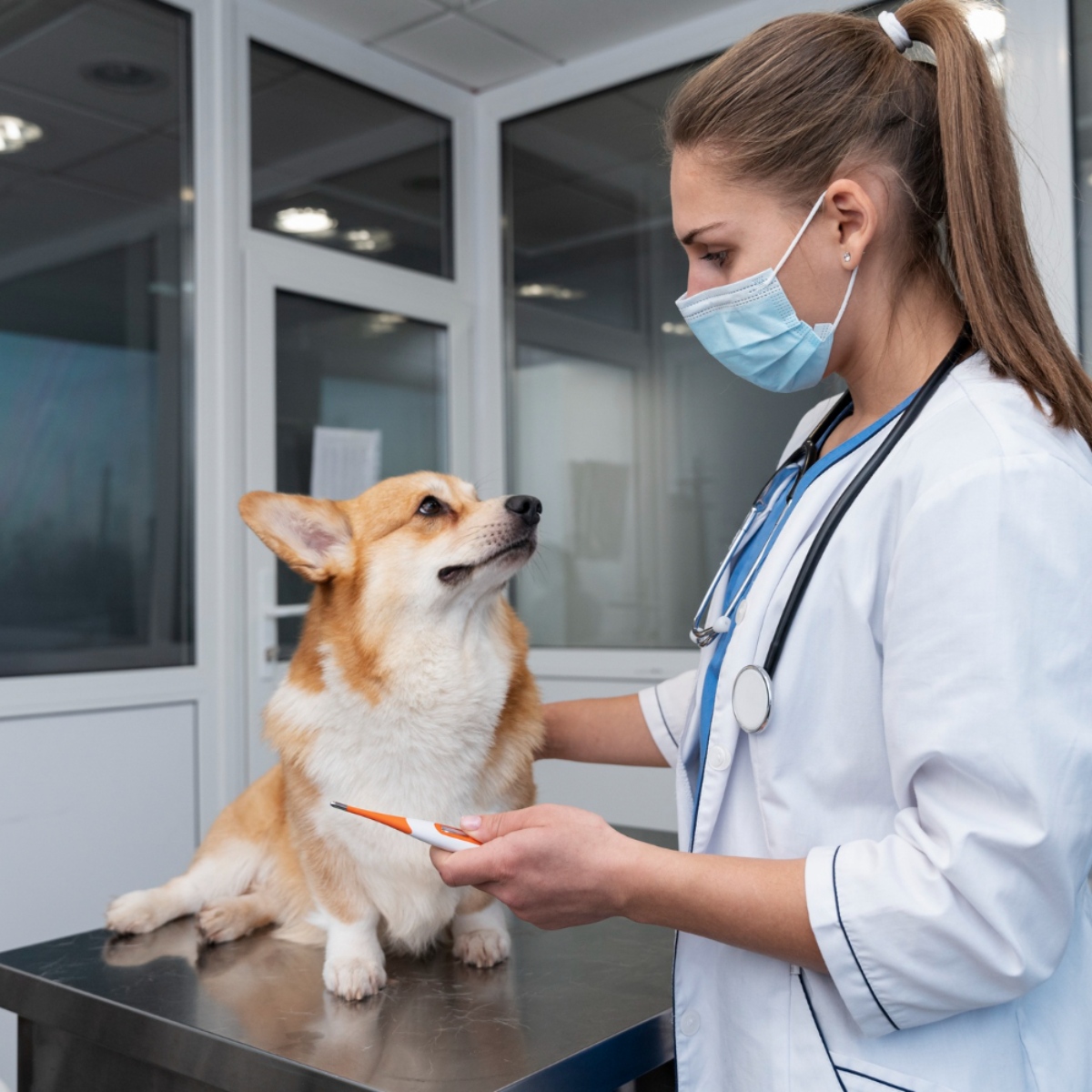 A veterinarian carefully examines a dog